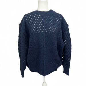 Bluivy Navy Blue Chunky Knit Open Weave Sweater Size Medium Large Cozy Warm